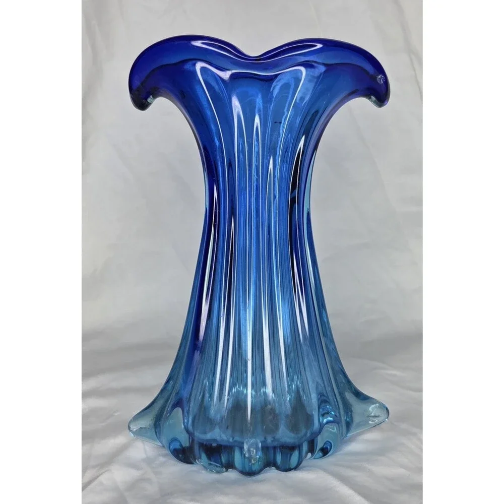 Large Vintage Mid Century Murano Mermaid Tail Blue Glass Vase No Tag & Chips